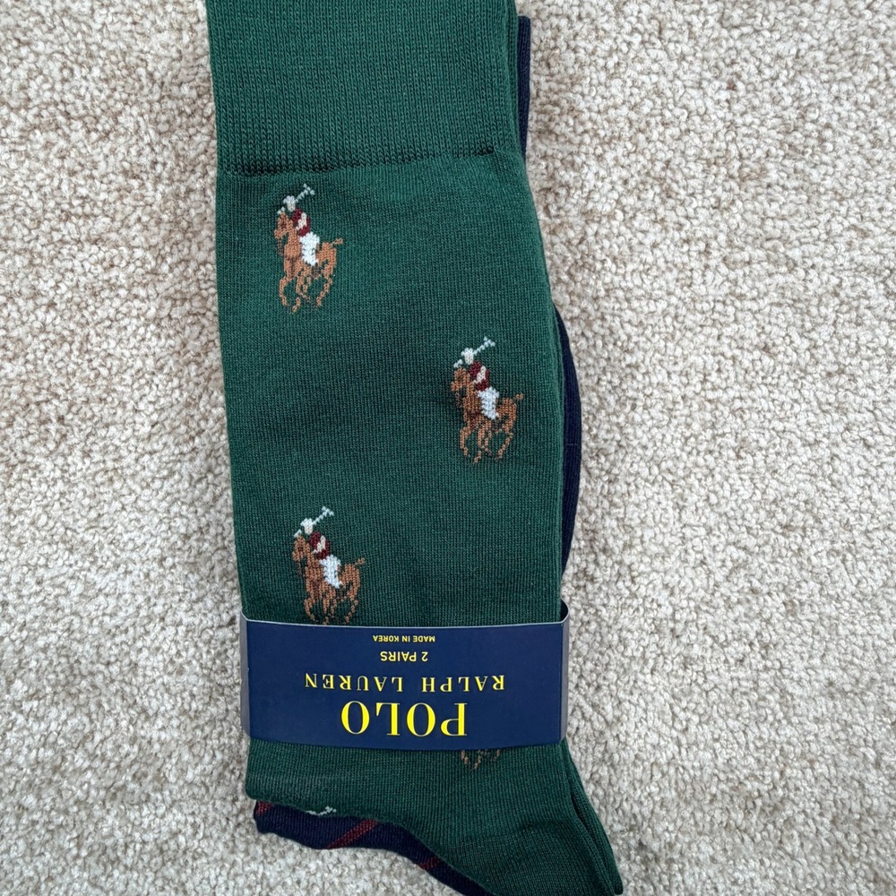 Polo Ralph Lauren Mens 2 Pack Dress Socks Green Pony Navy Striped Size 10-13